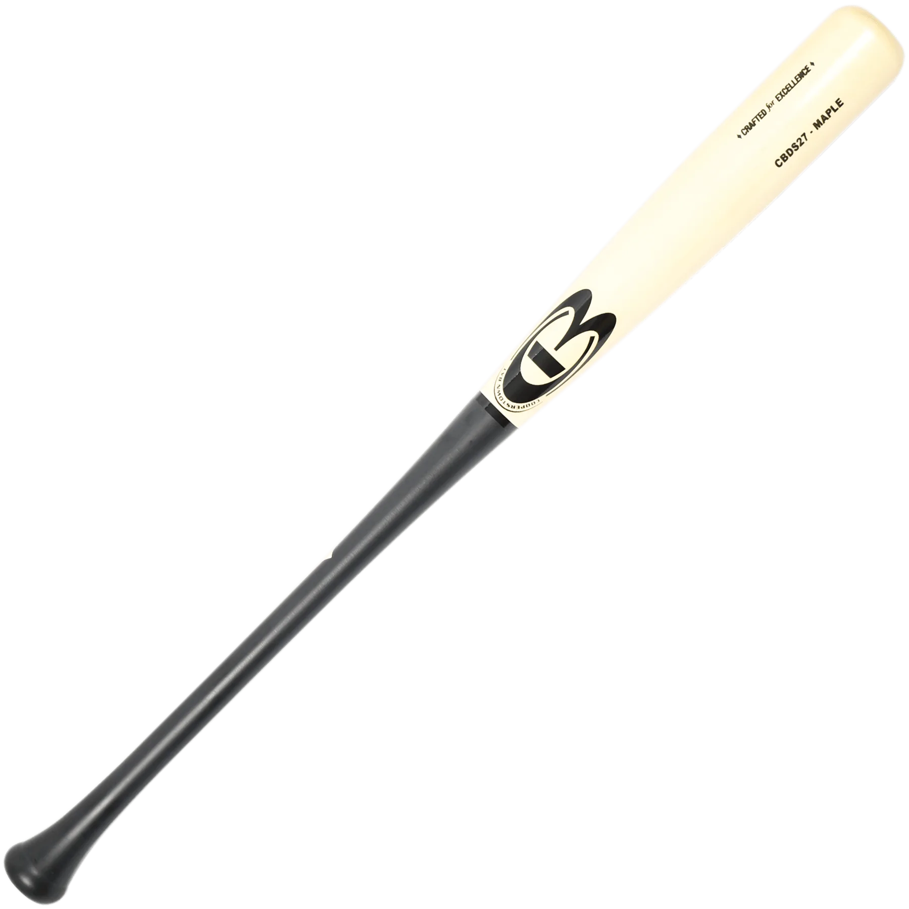 Wooden baseball bat with black handle and logo.