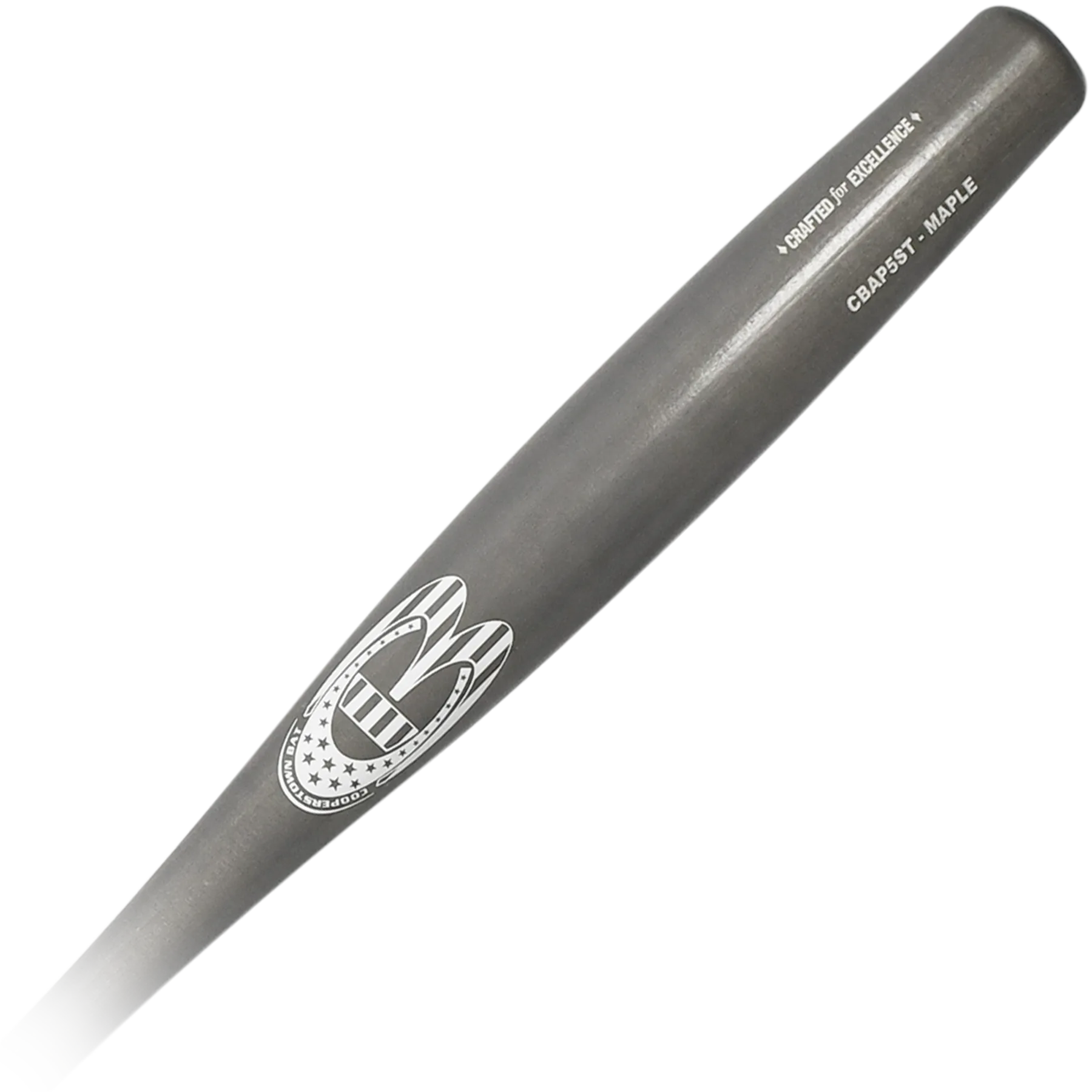 Gray wooden baseball bat with logo engraving