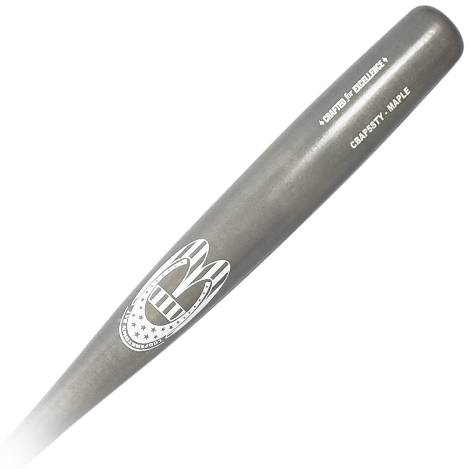 Gray baseball bat with logo and text engraving.
