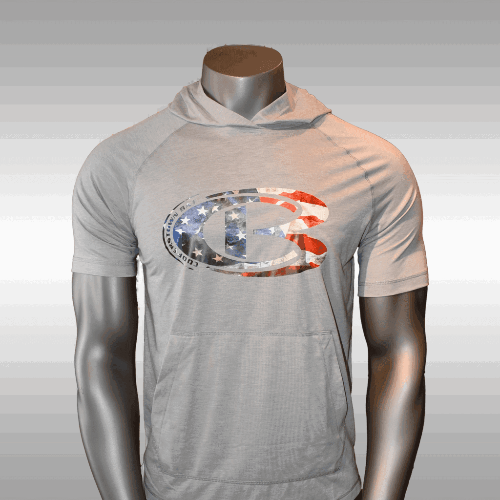 Gray short sleeve hoodie with CB American flag logo