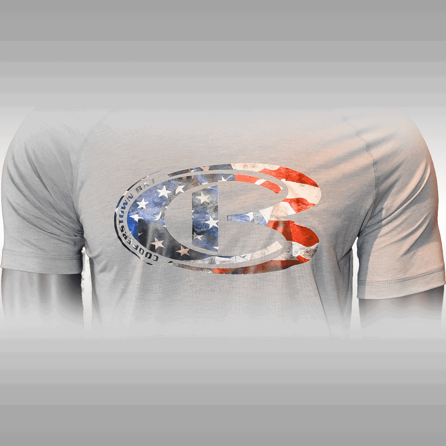 Gray short sleeve hoodie with CB American flag logo