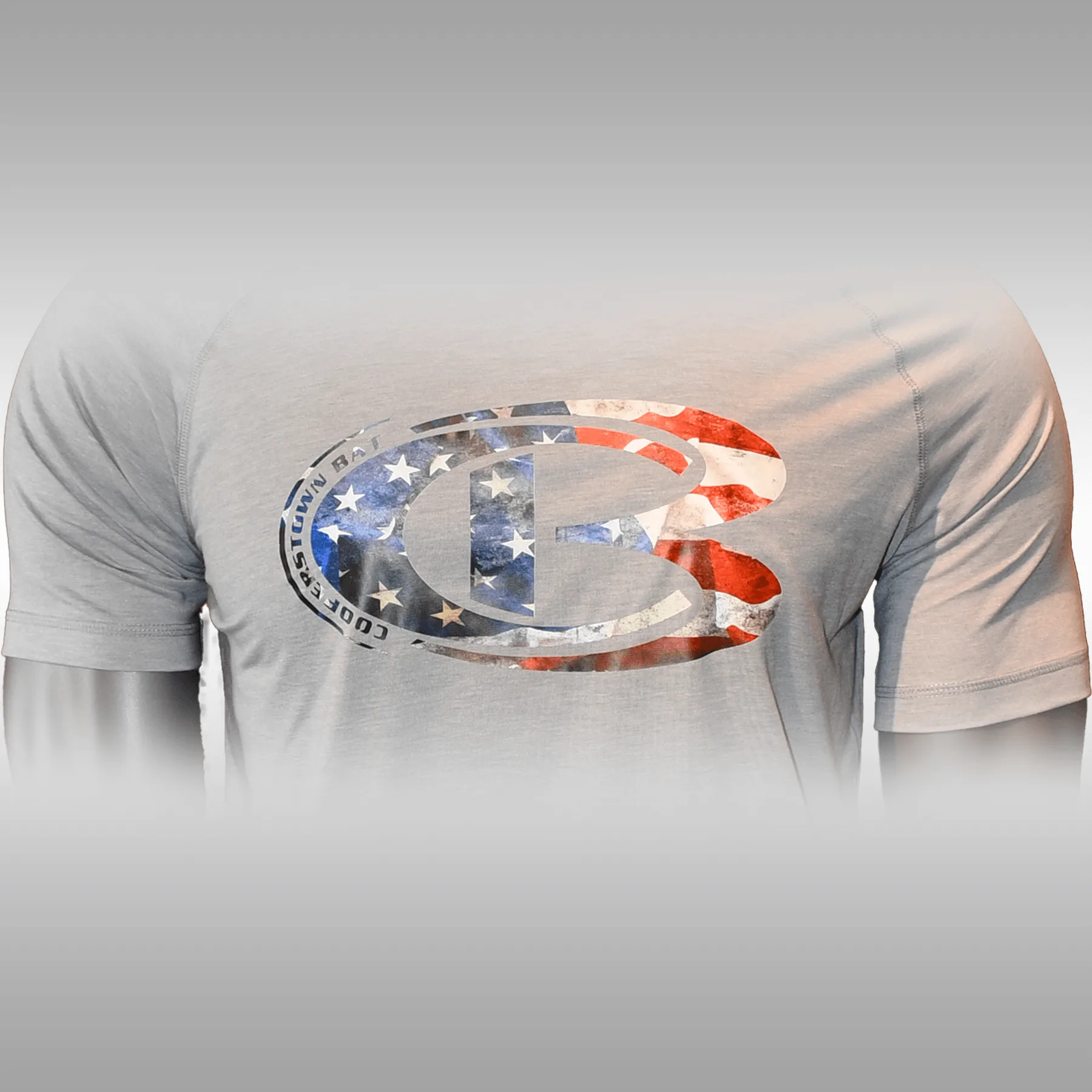 Gray short sleeve hoodie with CB American flag logo