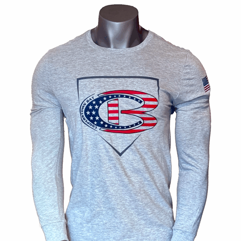 Gray long sleeve t-shirt with graphic home plate and American flag logo design