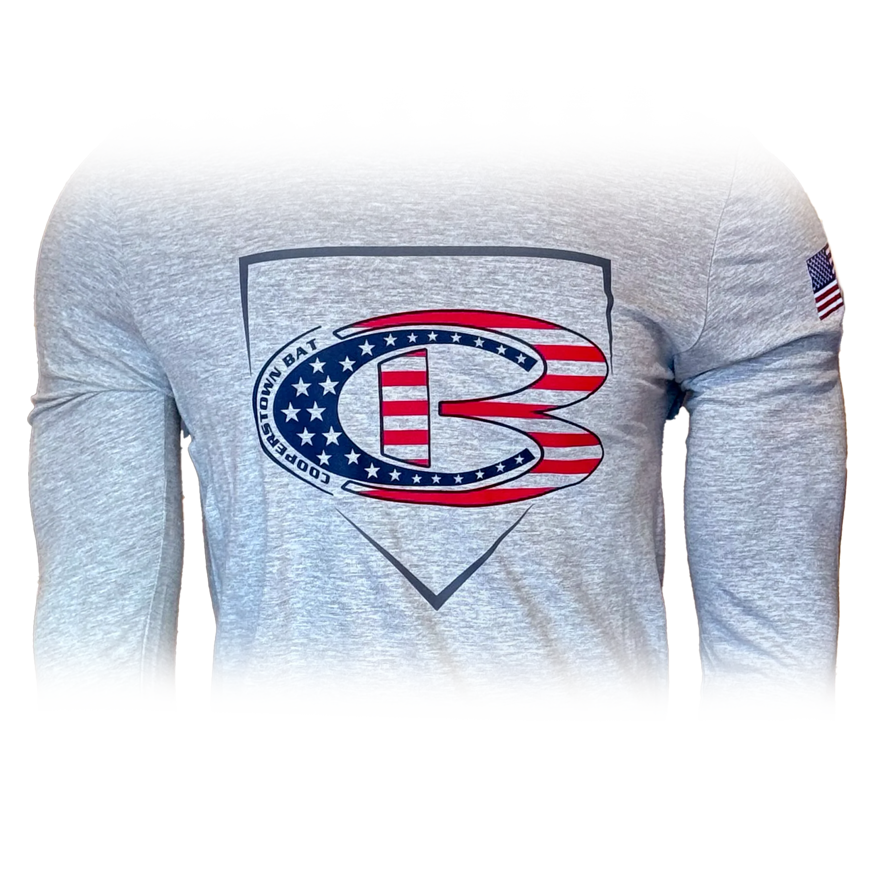 Gray long sleeve t-shirt with graphic home plate and American flag logo design