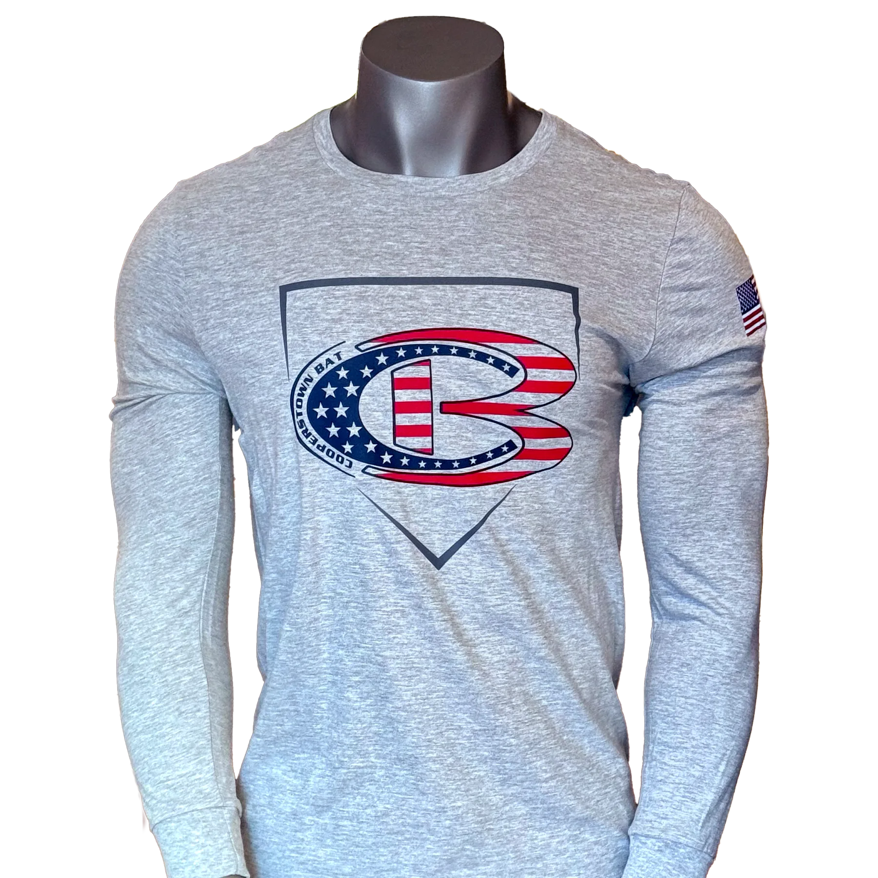 Gray long sleeve t-shirt with graphic home plate and American flag logo design