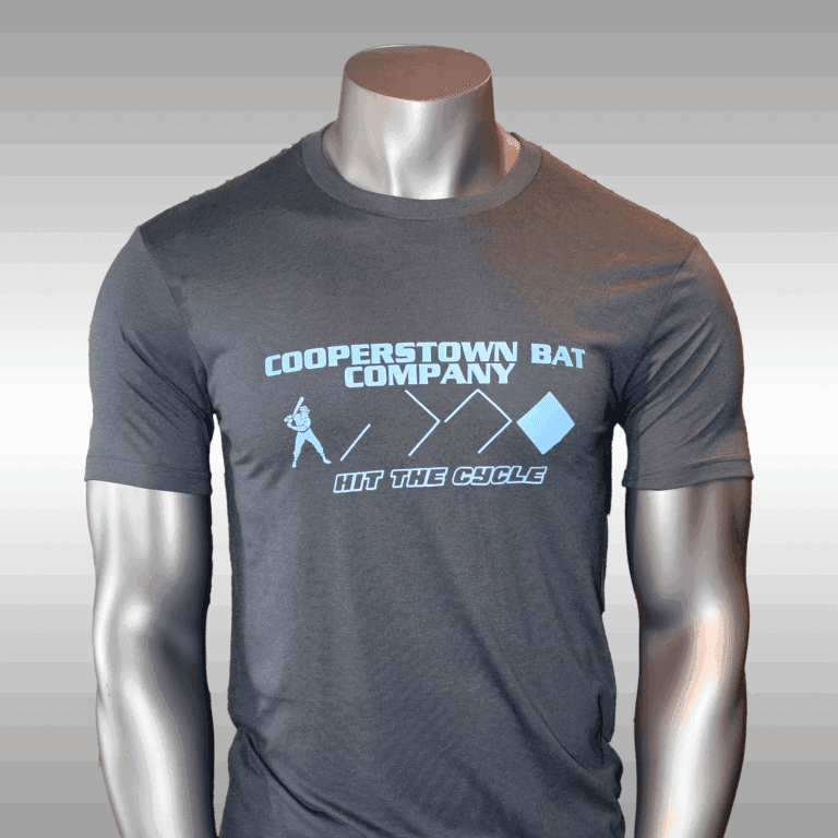 Gray baseball-themed shirt on display mannequin.