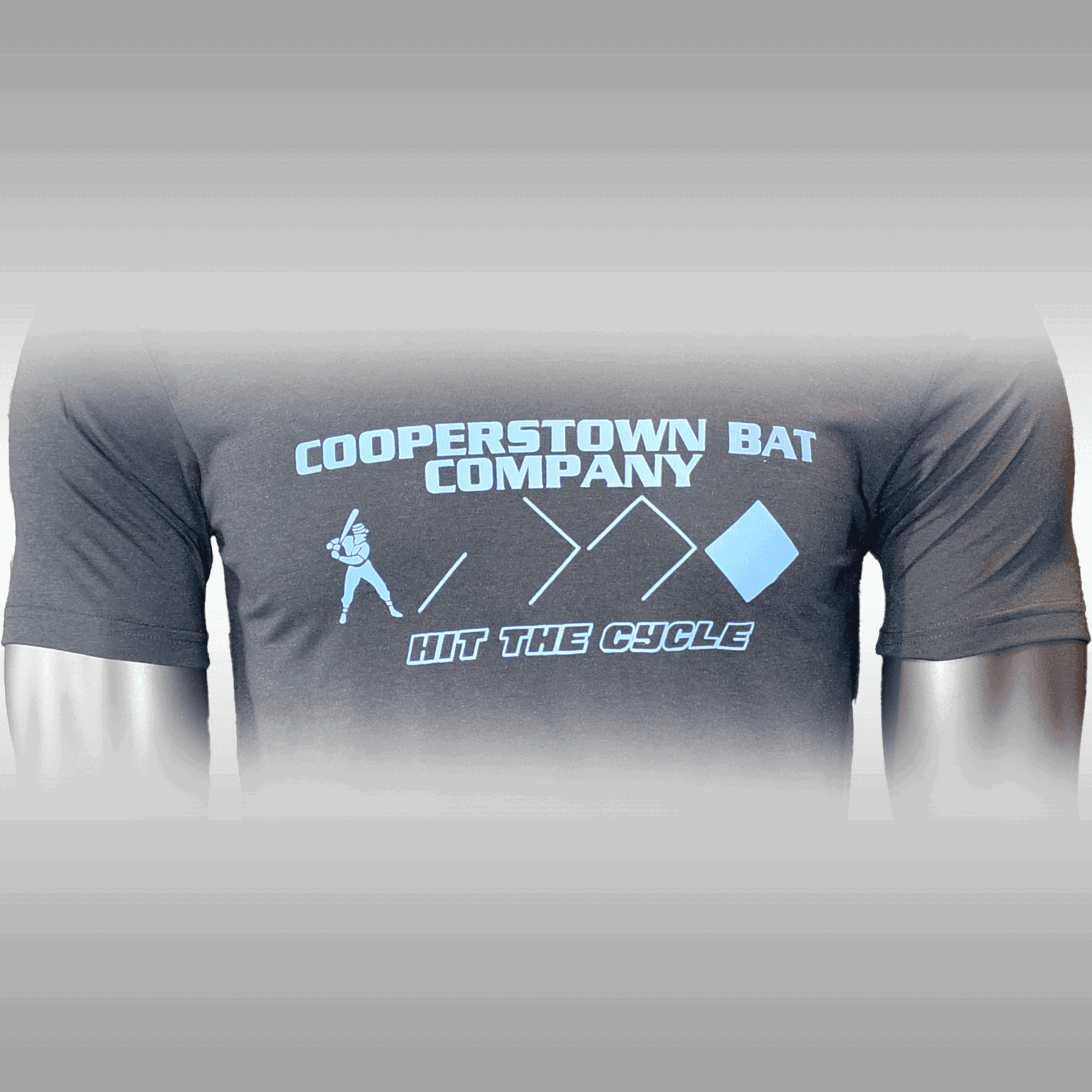 Gray baseball-themed shirt on display mannequin.