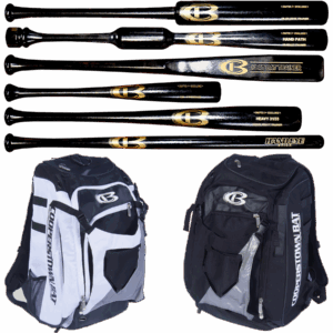 Baseball bats and backpacks with logo.