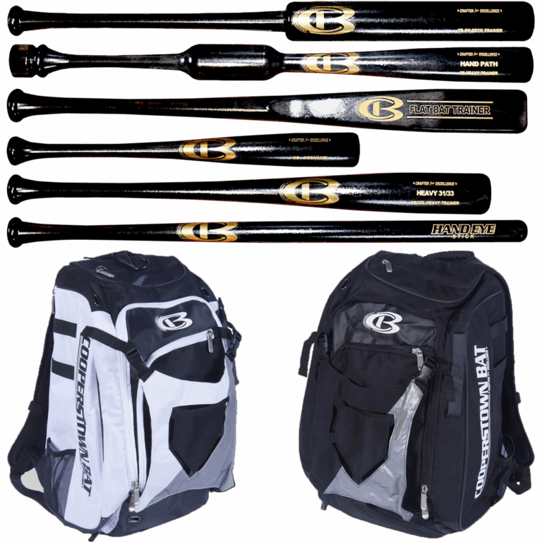 Baseball bats and backpacks with logo.