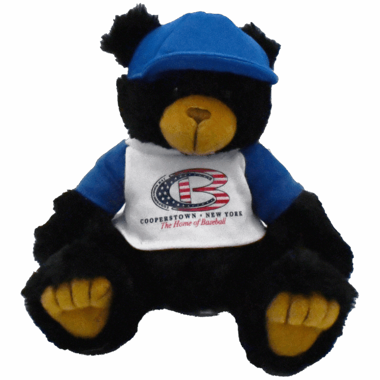Black & Brown Teddy Bear with Blue Cooperstown Bat Baseball Shirt and Cap