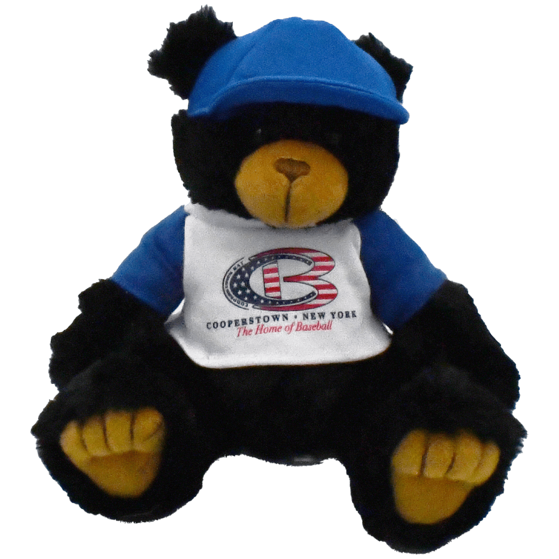 Black & Brown Teddy Bear with Blue Cooperstown Bat Baseball Shirt and Cap