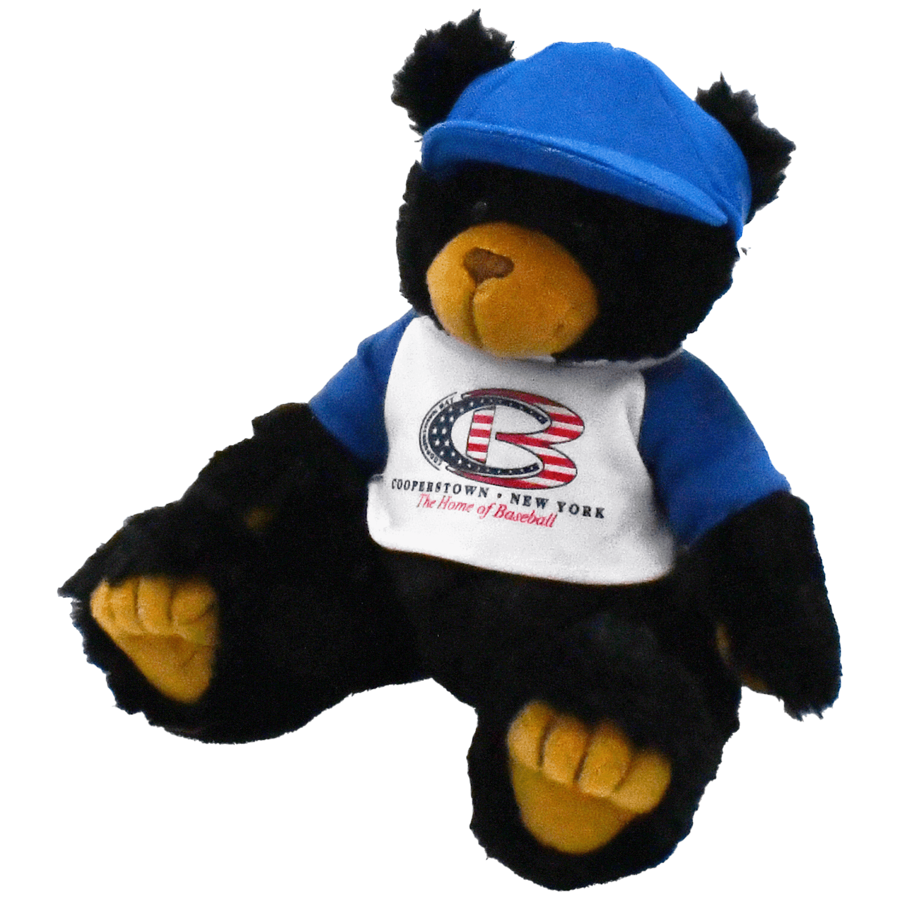 Black & Brown Teddy Bear with Blue Cooperstown Bat Baseball Shirt and Cap