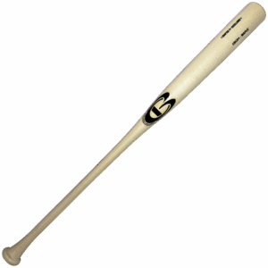 Wooden baseball bat with logo, white background.