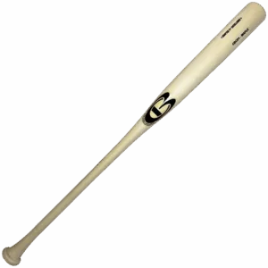 Wooden baseball bat with logo, white background.