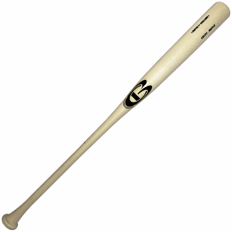 Wooden baseball bat with logo, white background.