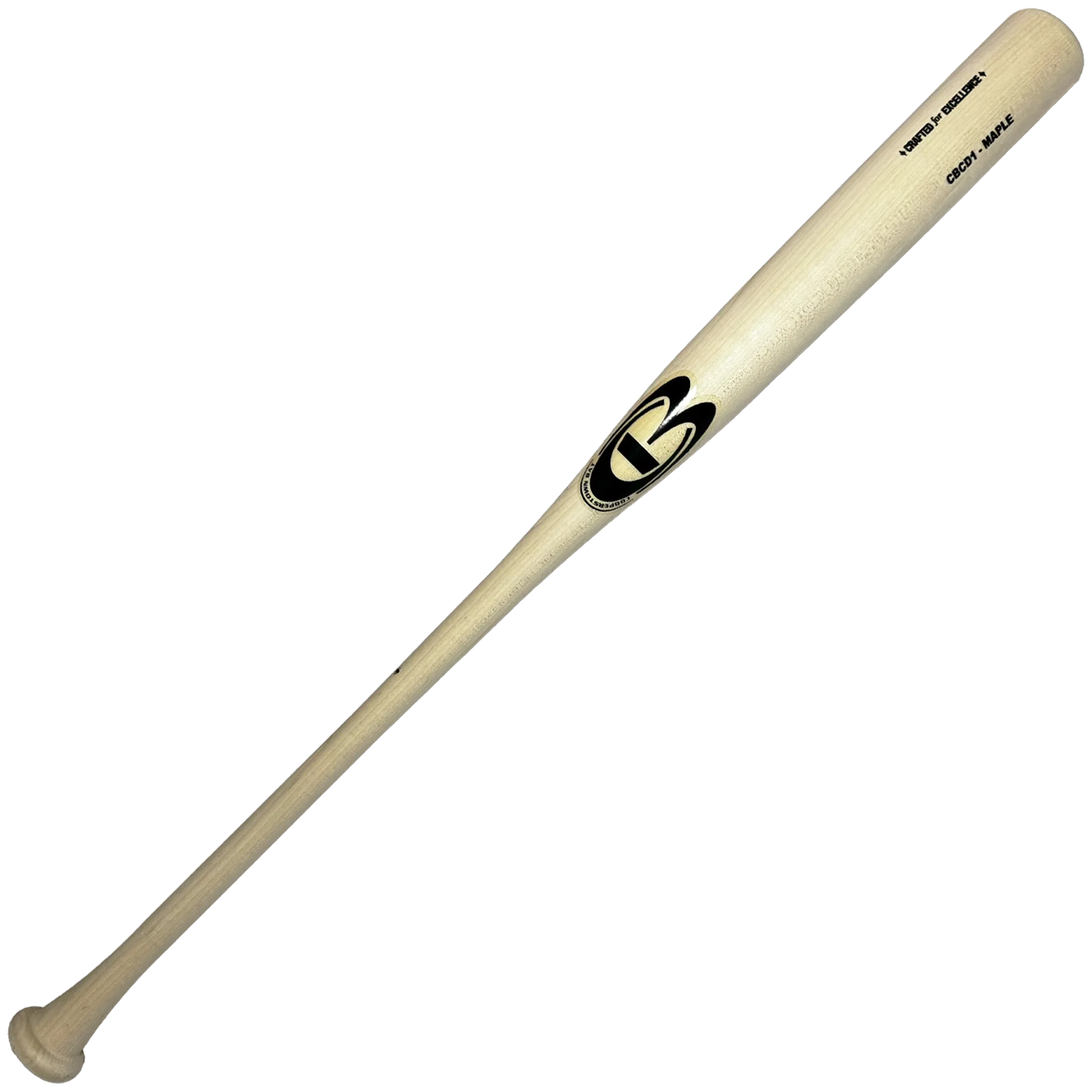 Wooden baseball bat with logo, white background.