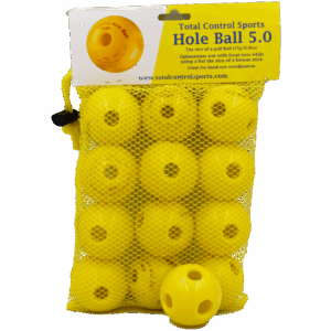 Yellow plastic balls in mesh bag packaging.