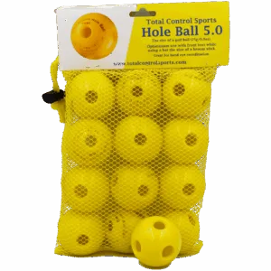 Yellow plastic balls in mesh bag packaging.