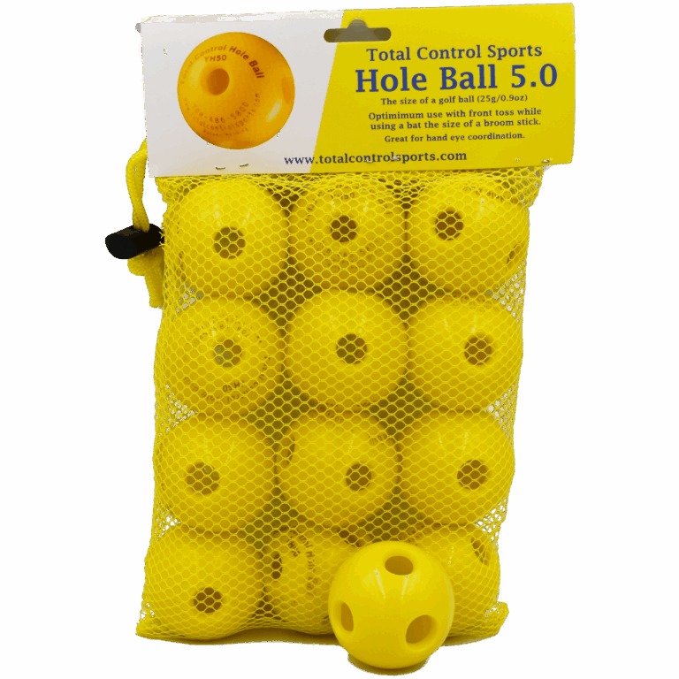 Yellow plastic balls in mesh bag packaging.