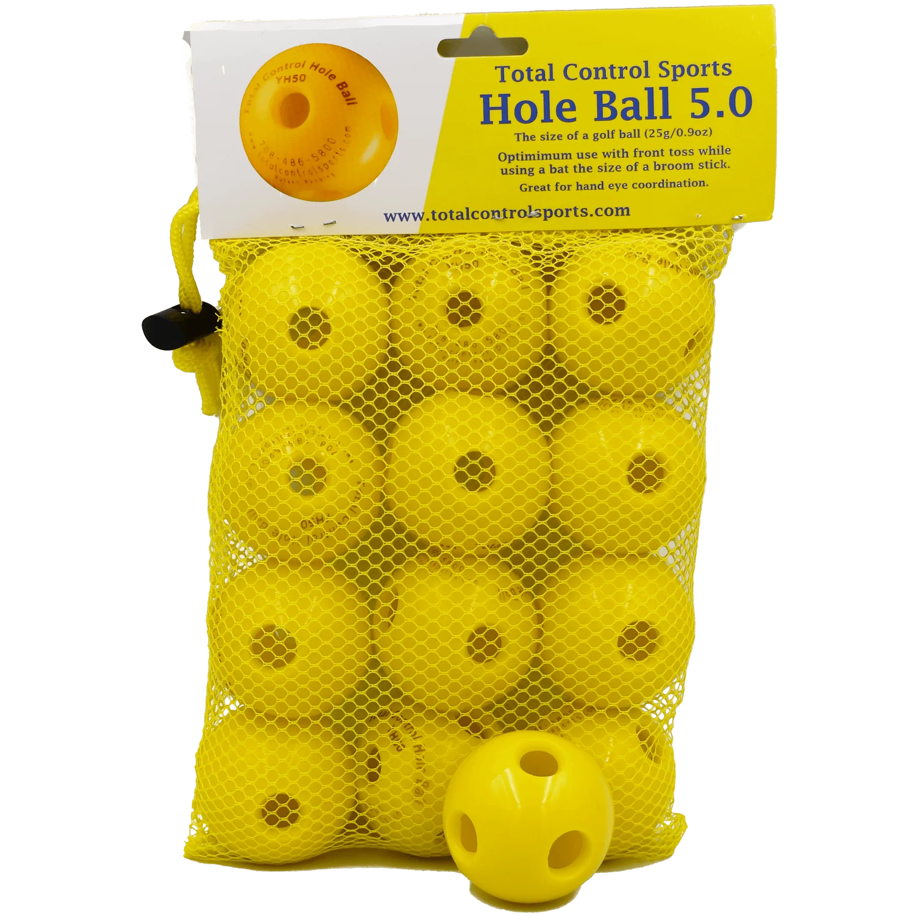 Yellow plastic balls in mesh bag packaging.