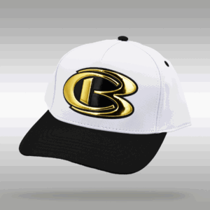 White cap with gold Cooperstown Bat emblem on black brim.