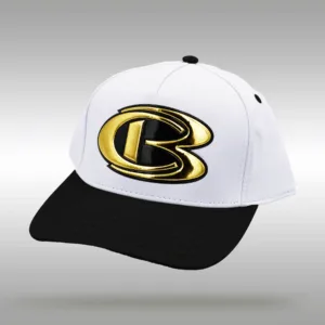 White cap with gold Cooperstown Bat emblem on black brim.