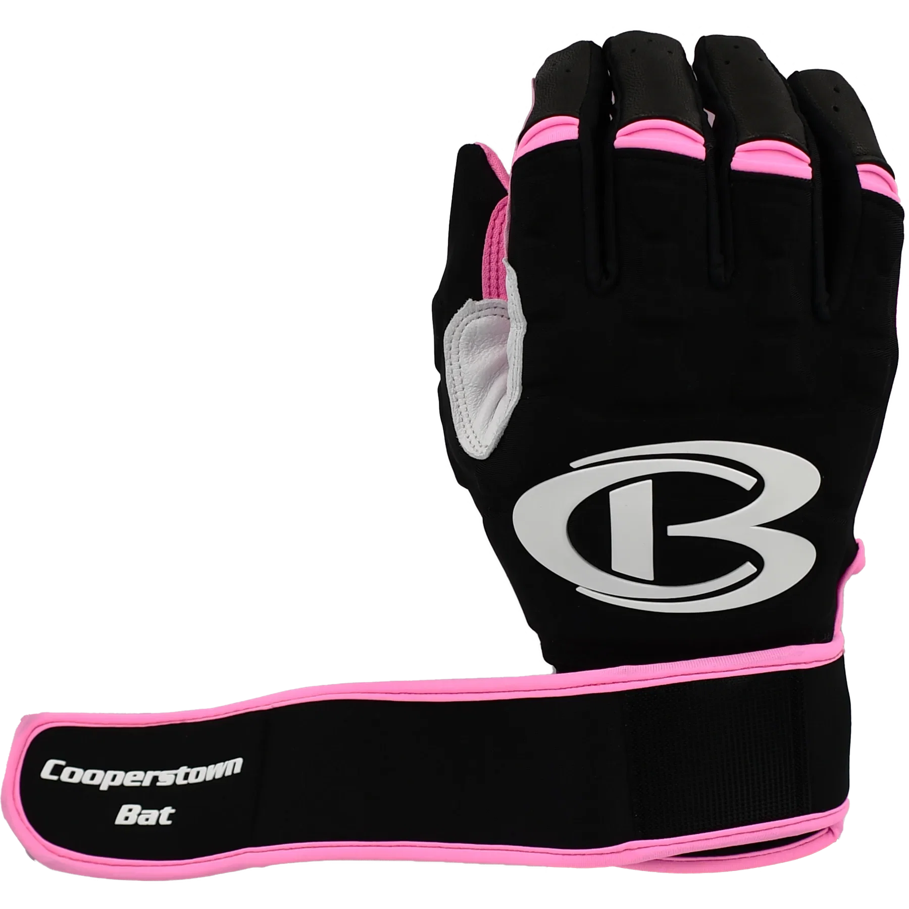 Black batting glove with pink trim and logo