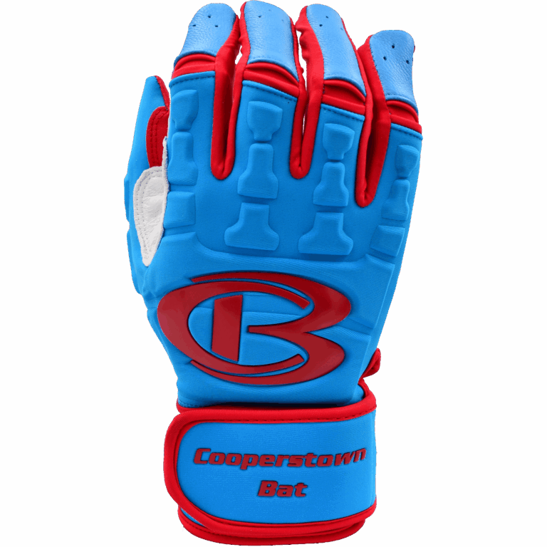 Blue and red baseball glove, Cooperstown Bat logo.