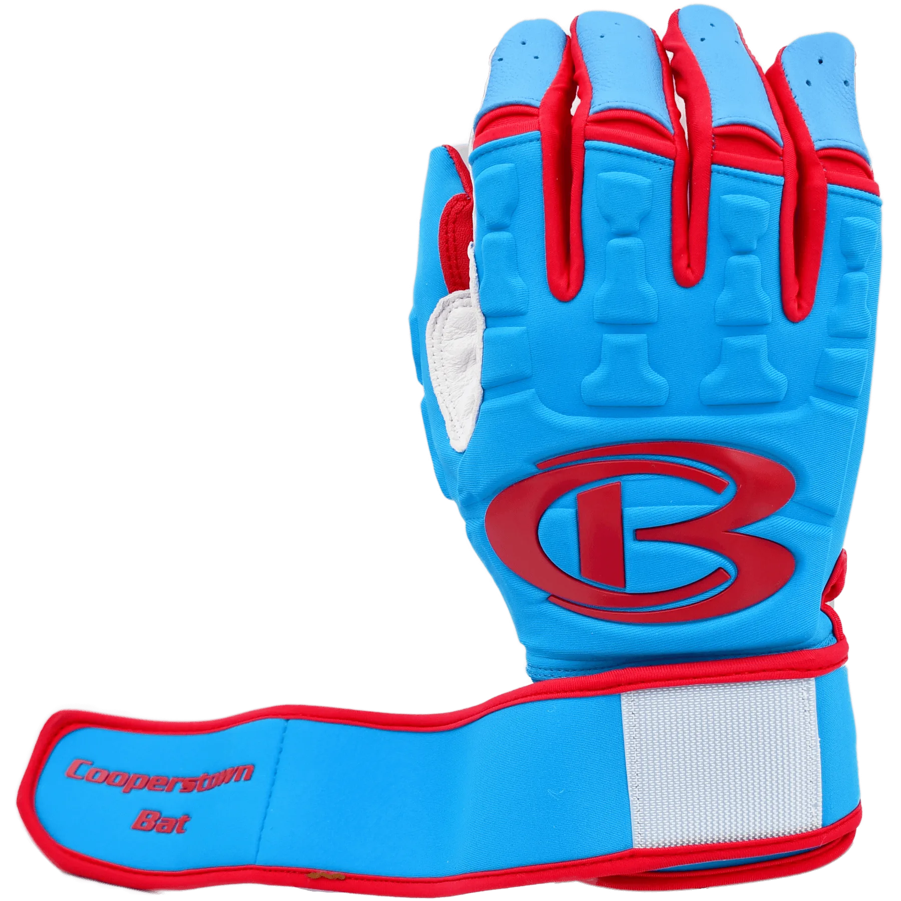Blue and red baseball glove with logo