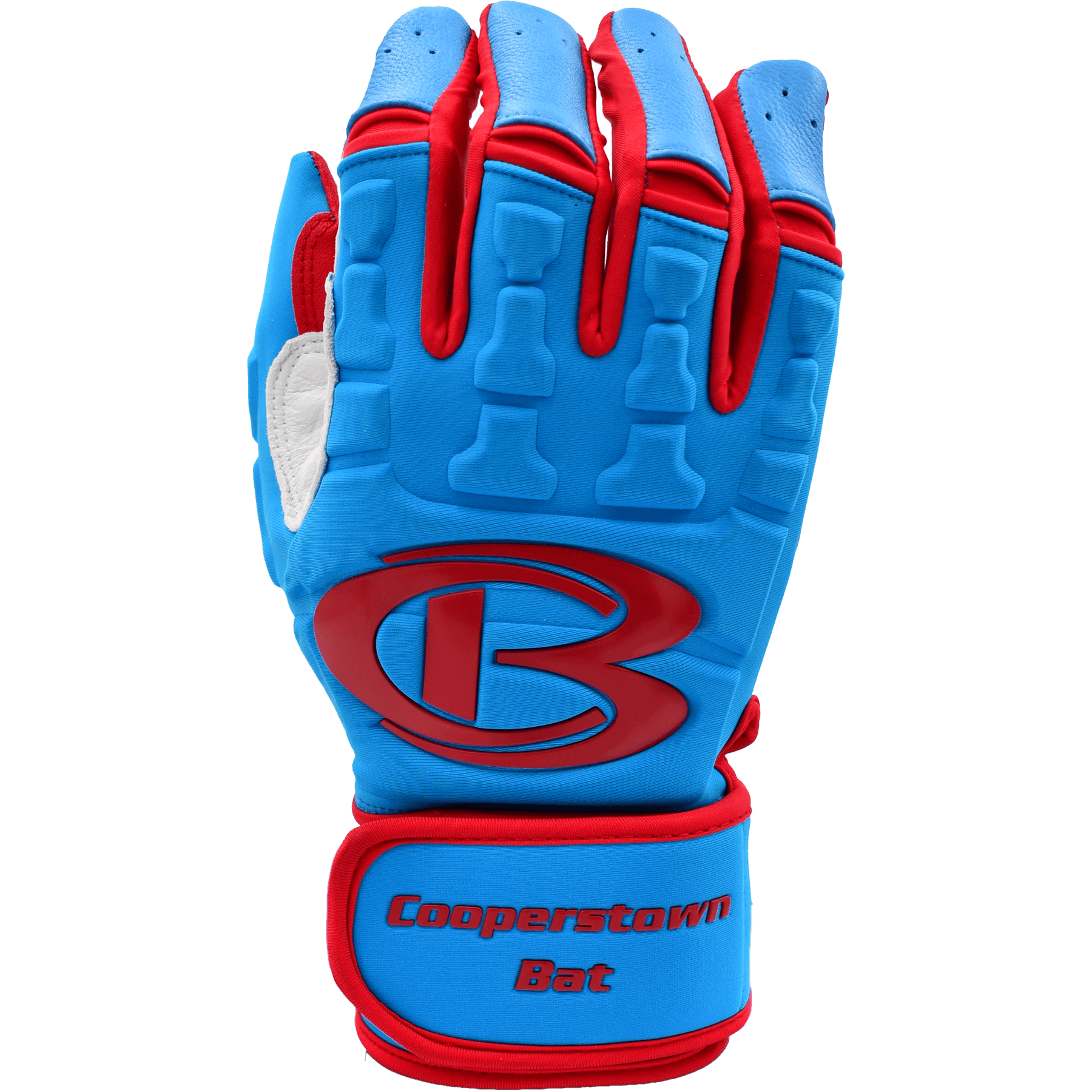Blue and red baseball glove, Cooperstown Bat logo.