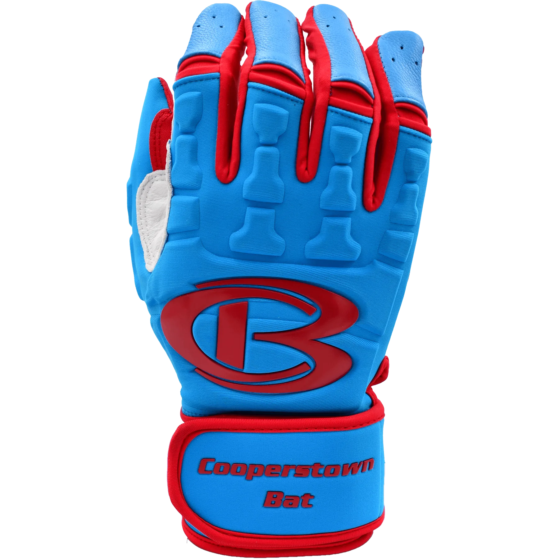 Blue and red baseball glove, Cooperstown Bat logo.