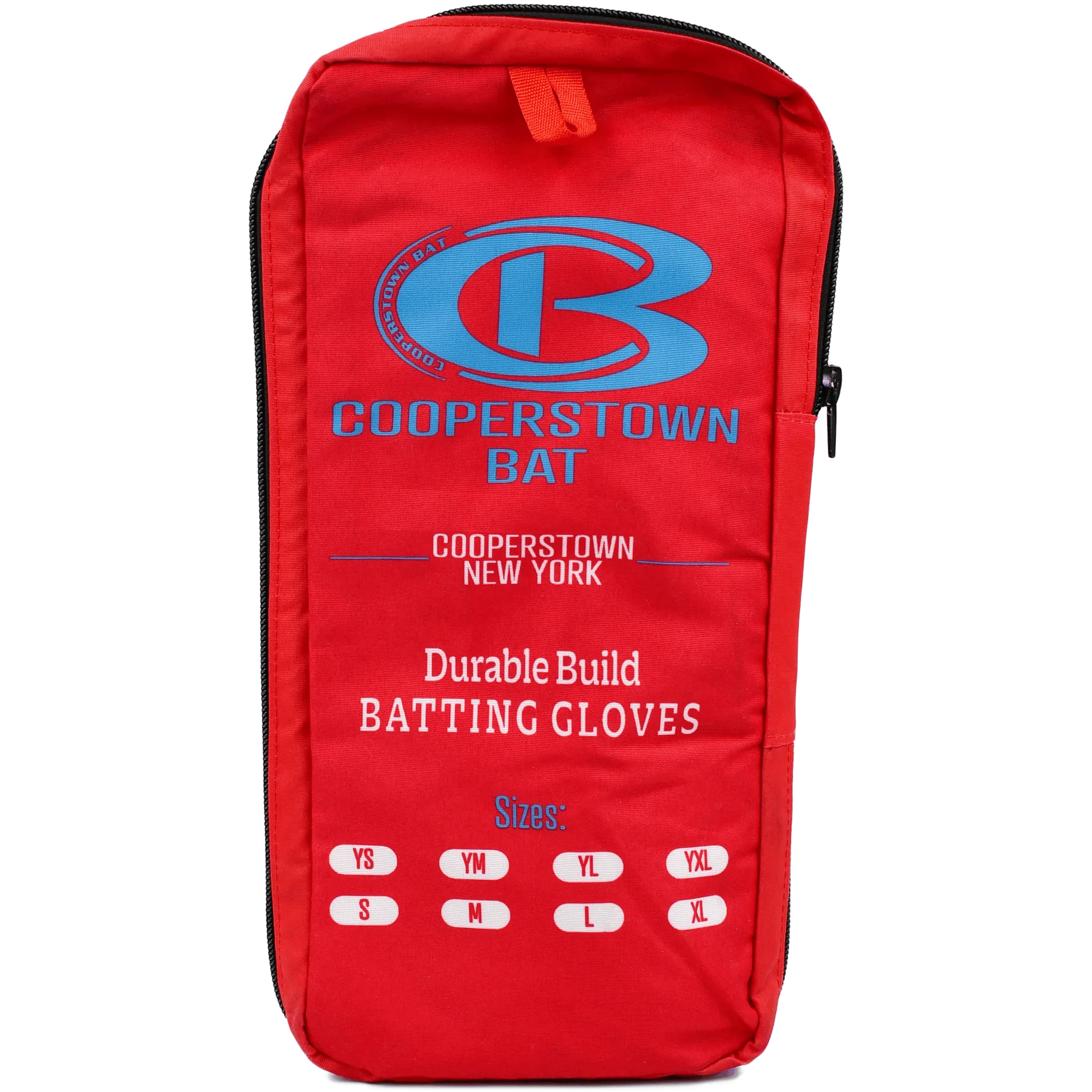 Red batting gloves bag with various sizes.