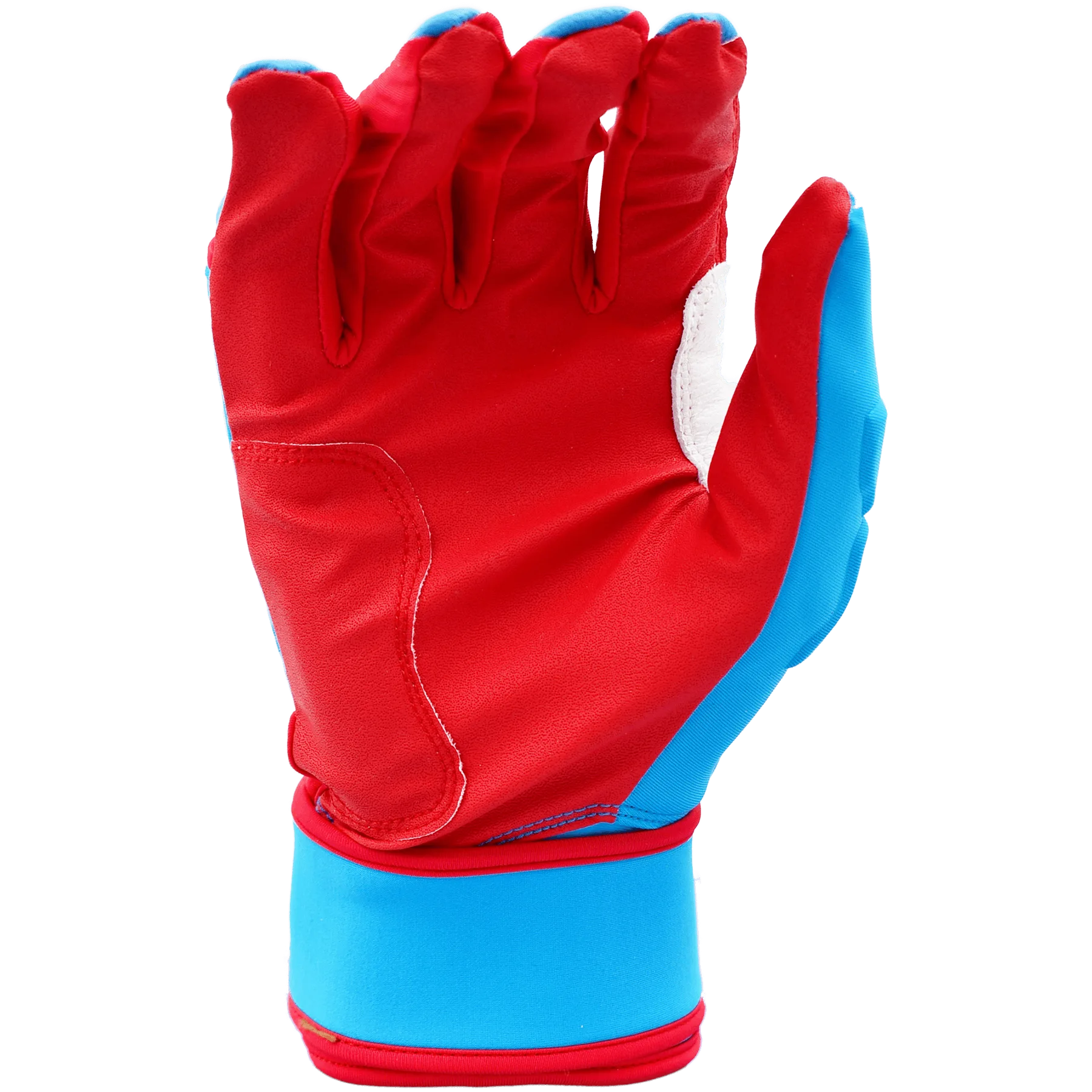 Red and blue sports glove on black background.