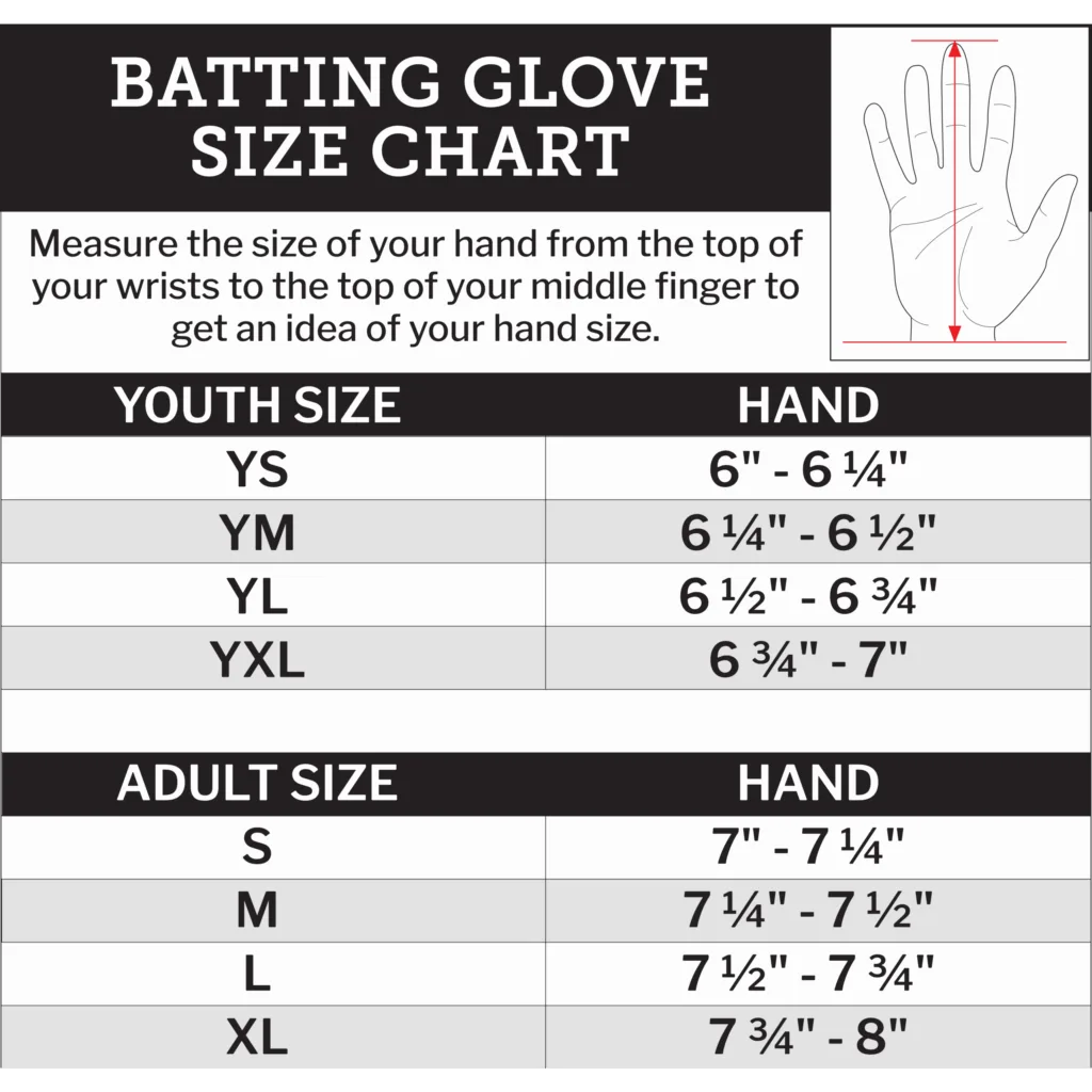 Batting glove size chart for youth and adults.