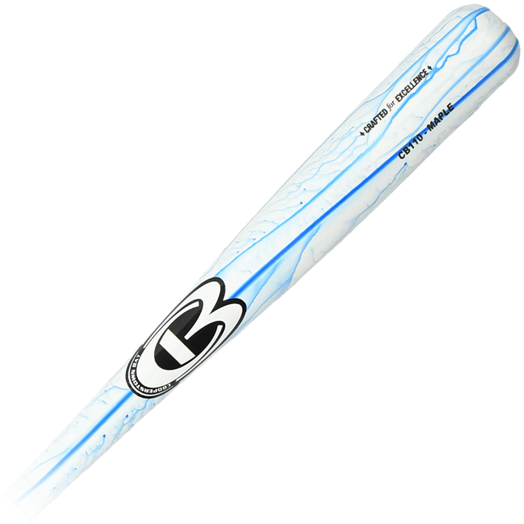 White and blue baseball bat with logo.