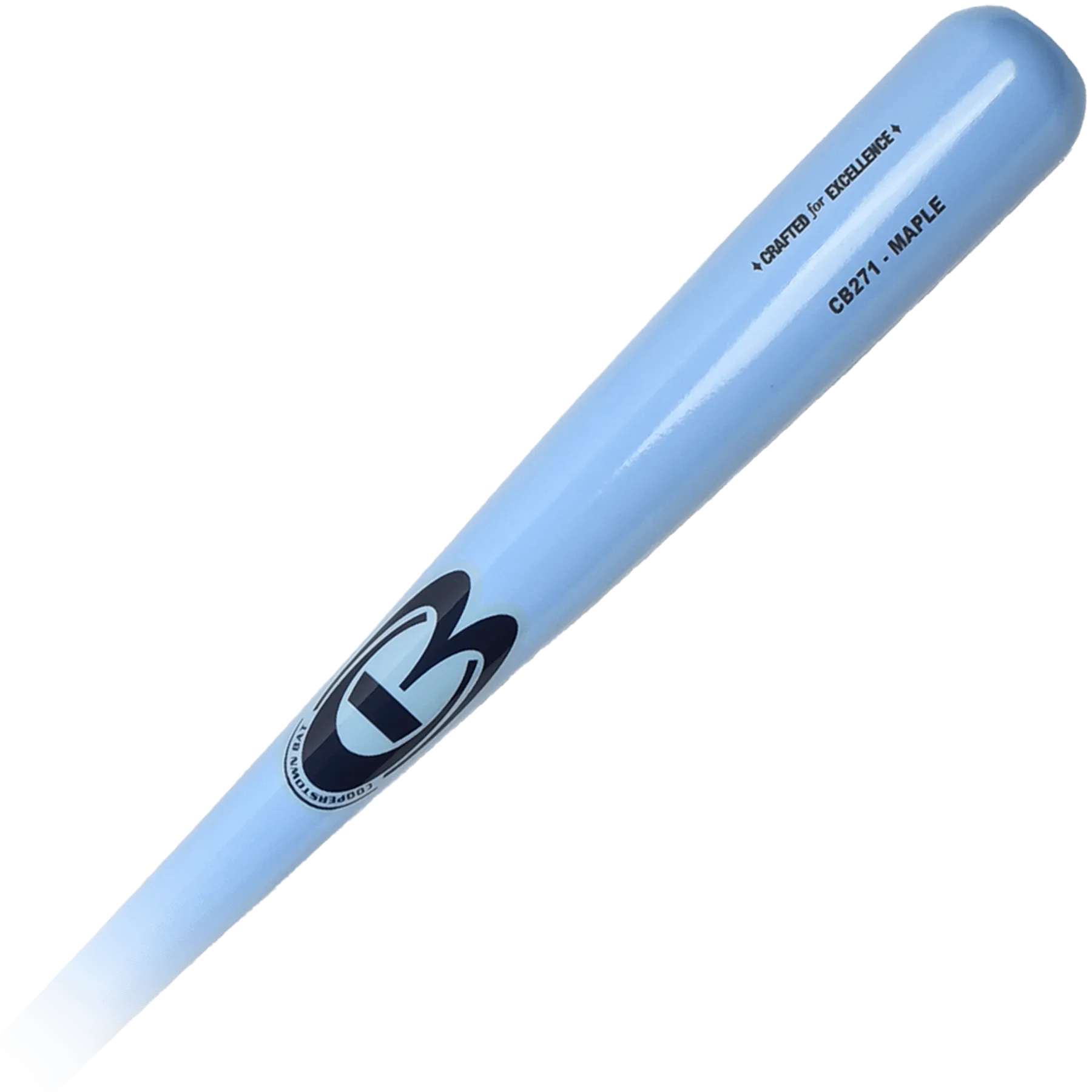 Light blue baseball bat with logo and text