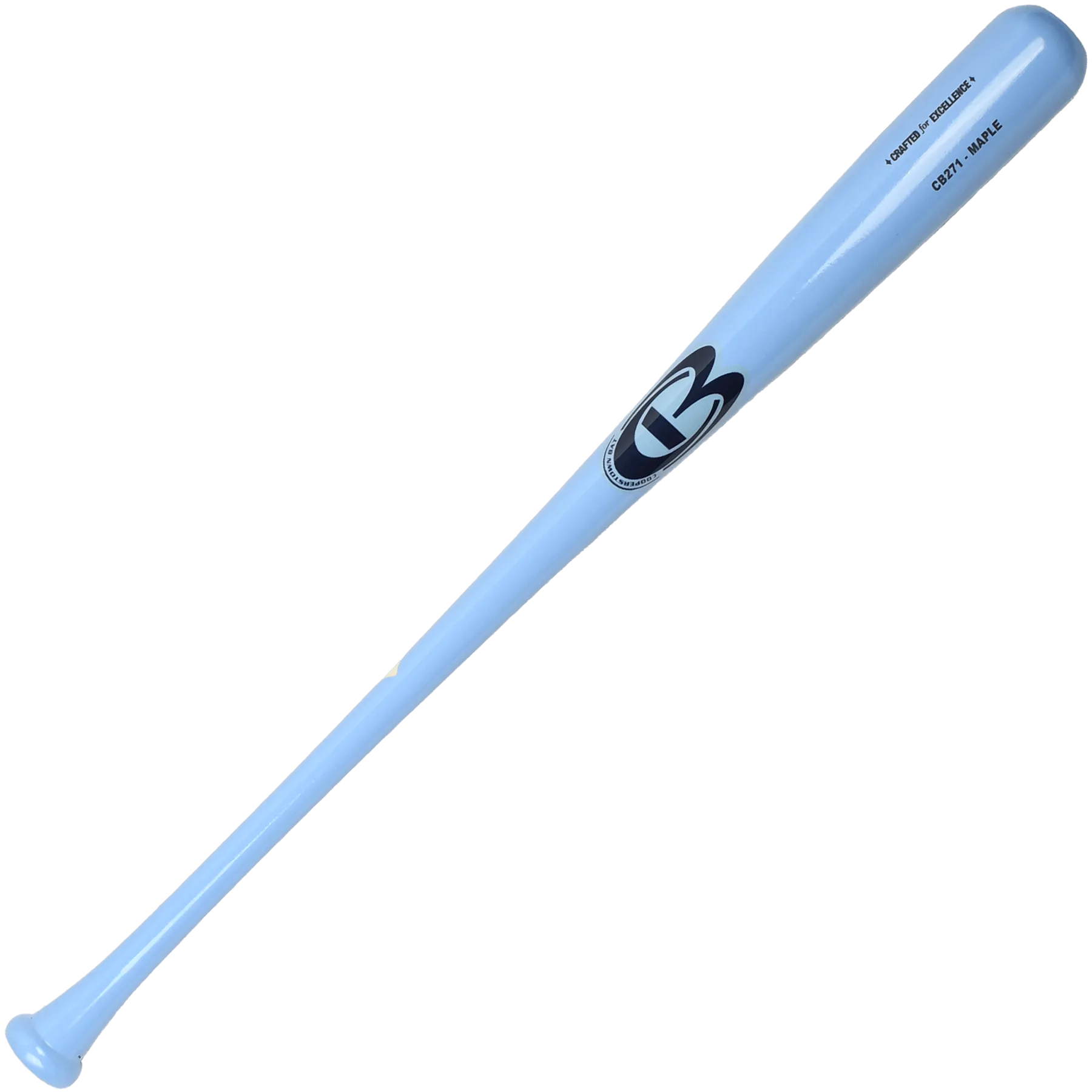 Blue baseball bat with black logo.