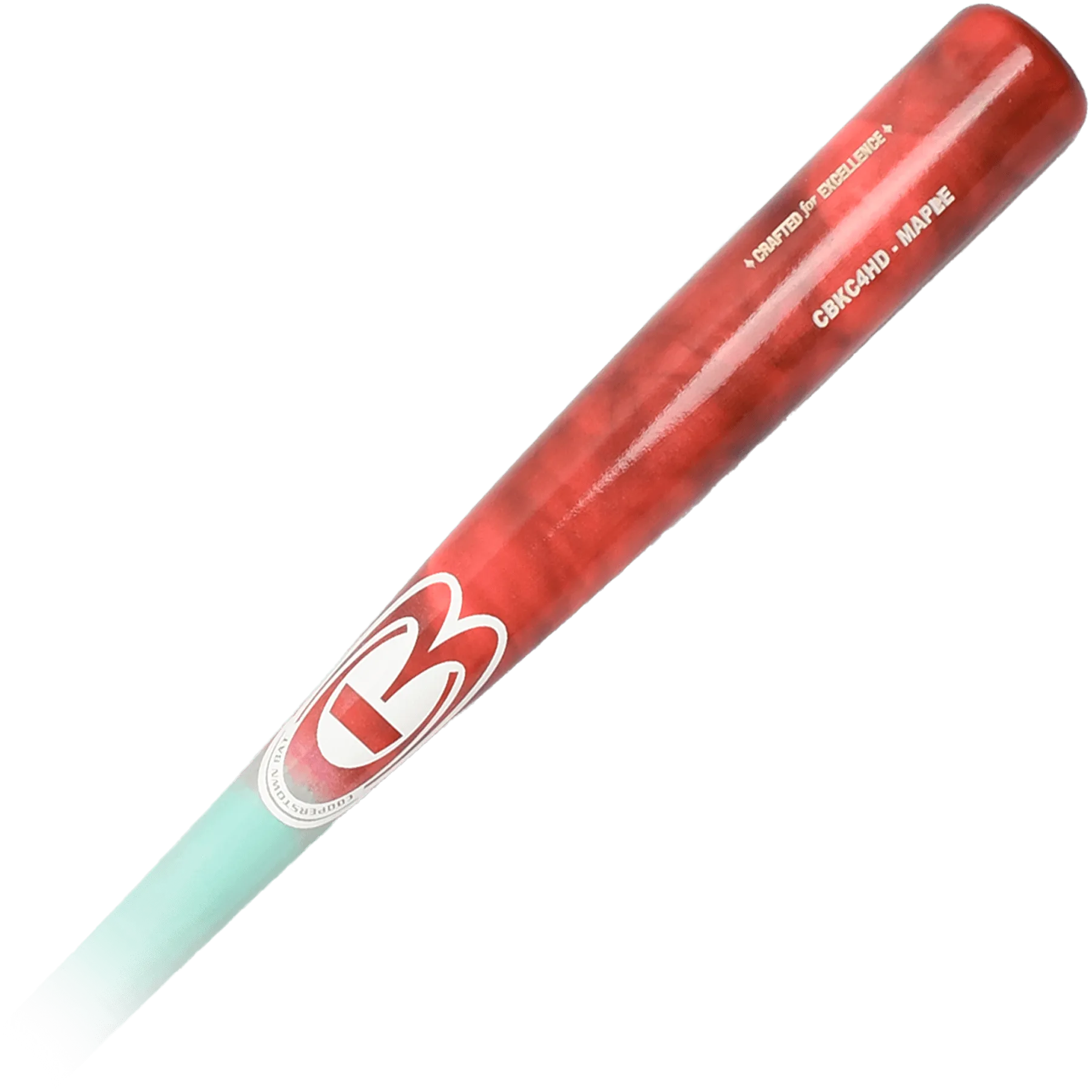 Red and white baseball bat with logo