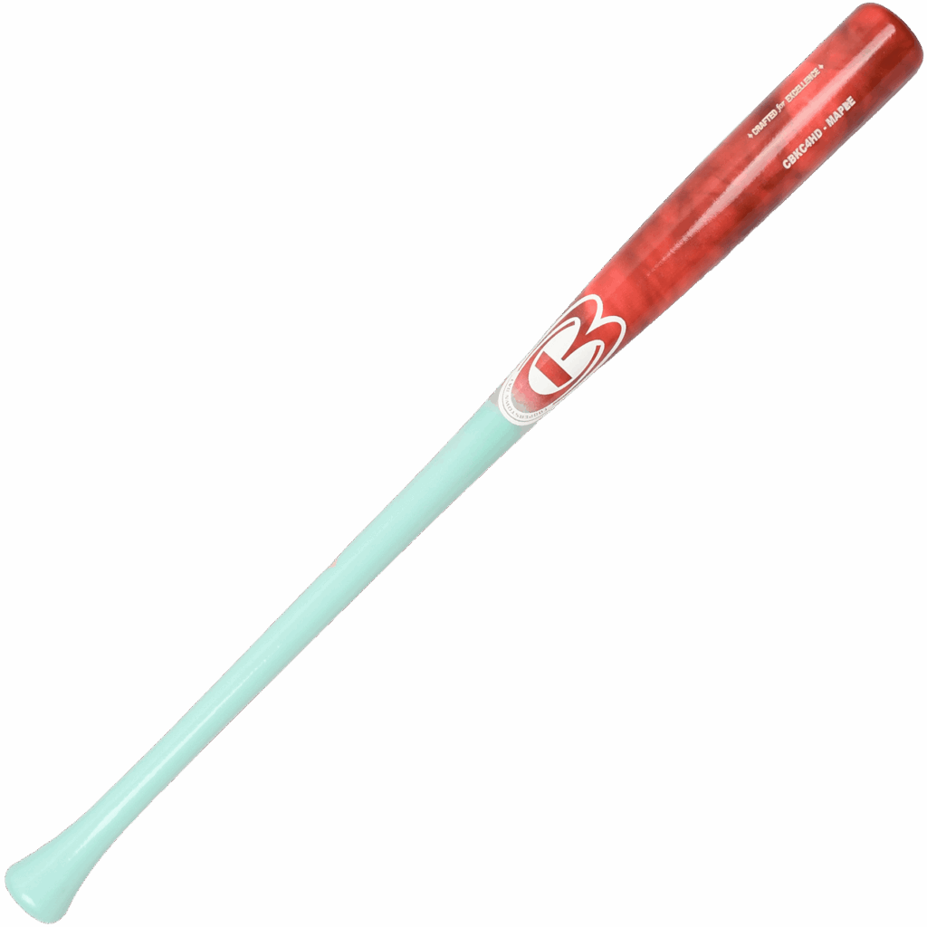 Wooden baseball bat with red and teal colors.