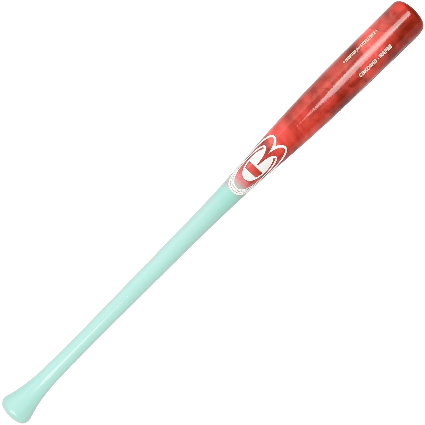 Wooden baseball bat with red and teal colors.