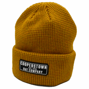 Mustard yellow knit beanie with logo patch